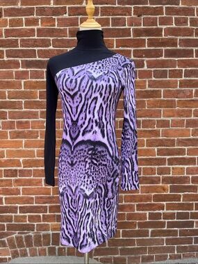 Roberto Cavalli Purple and Black One-Shoulder Animal-Print Dress